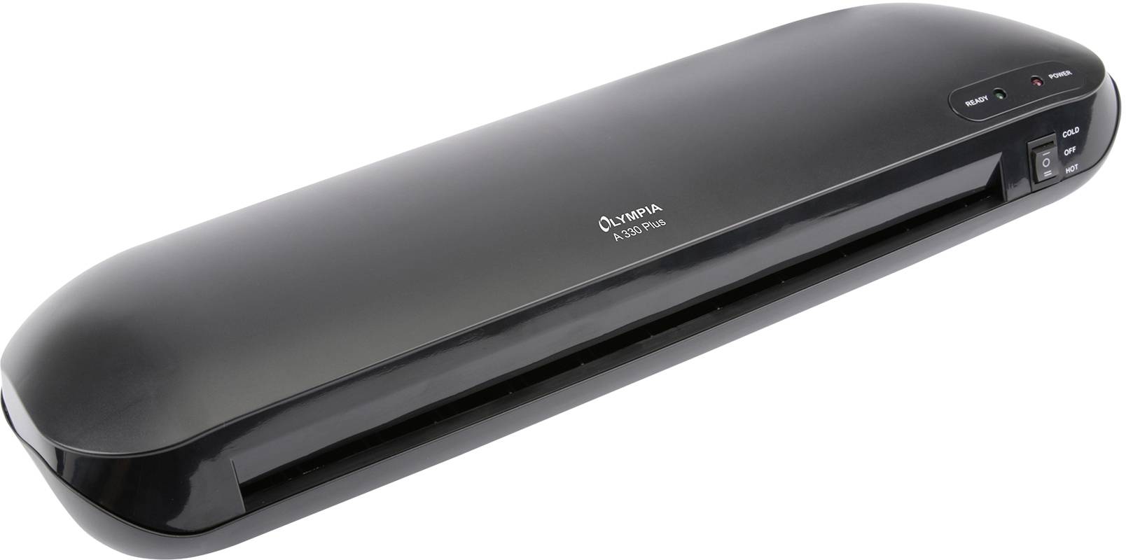 Schwarzes Plastik-Laminiergerät der Marke Olympia, Modell A 230 Plus, mit Ein-/Ausschalter und Betriebslicht auf der rechten Seite.