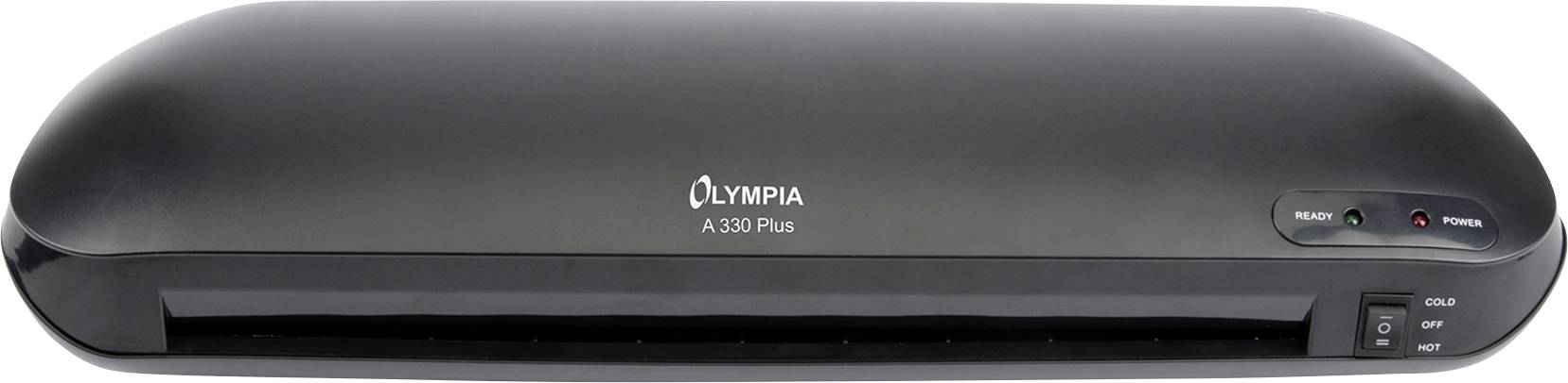 Ein schwarzes Laminiergerät mit der Aufschrift 'OLYMPIA A 330 Plus' auf der Oberseite und Schaltern für Kalt- und Heißlaminieren.