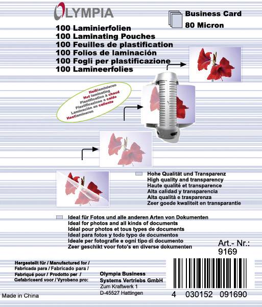 Produktverpackung für Laminierfolien, 80 Mikron, mit Bildern von laminierten Blumen und Anleitungstext in mehreren Sprachen.