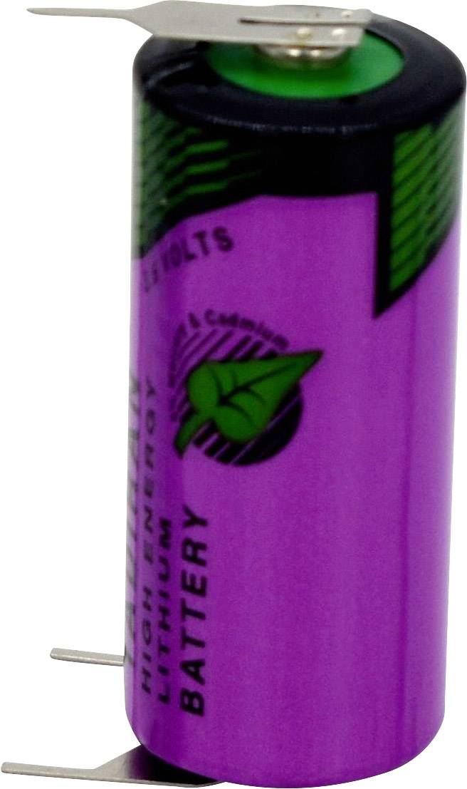 Lila zylindrische Lithiumbatterie mit grünen Akzenten, markiert mit 'High Energy' und '3.6 Volts', hat Metallanschlüsse an den Enden.