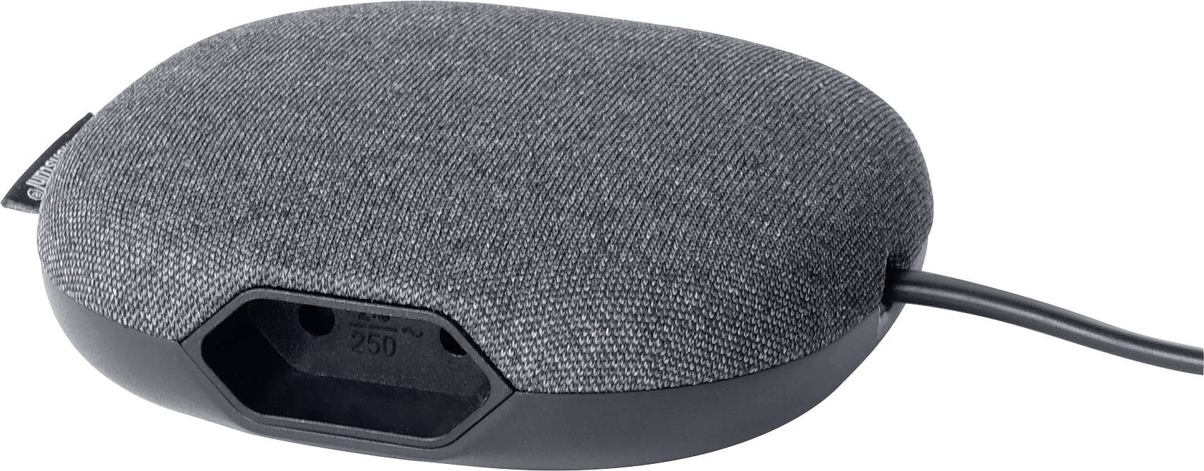 Tragbarer Lautsprecher mit grauem Stoffbezug, schwarzer Basis und angeschlossenem Kabel, dargestellt auf weißem Hintergrund.