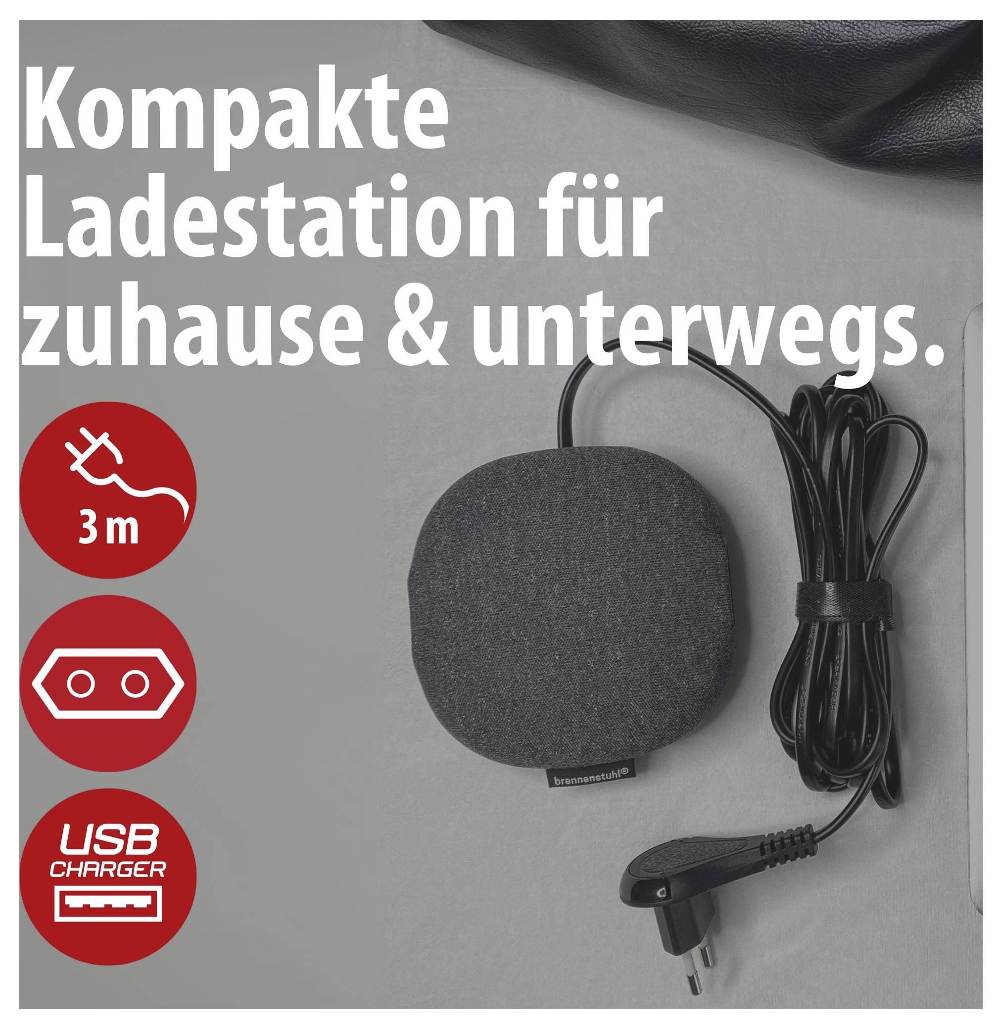 Werbegrafik mit kompakter Ladestation und Kabel; Text: 'Kompakte Ladestation für zuhause & unterwegs.'; Symbole für 3 m, USB-Lader und Stecker.