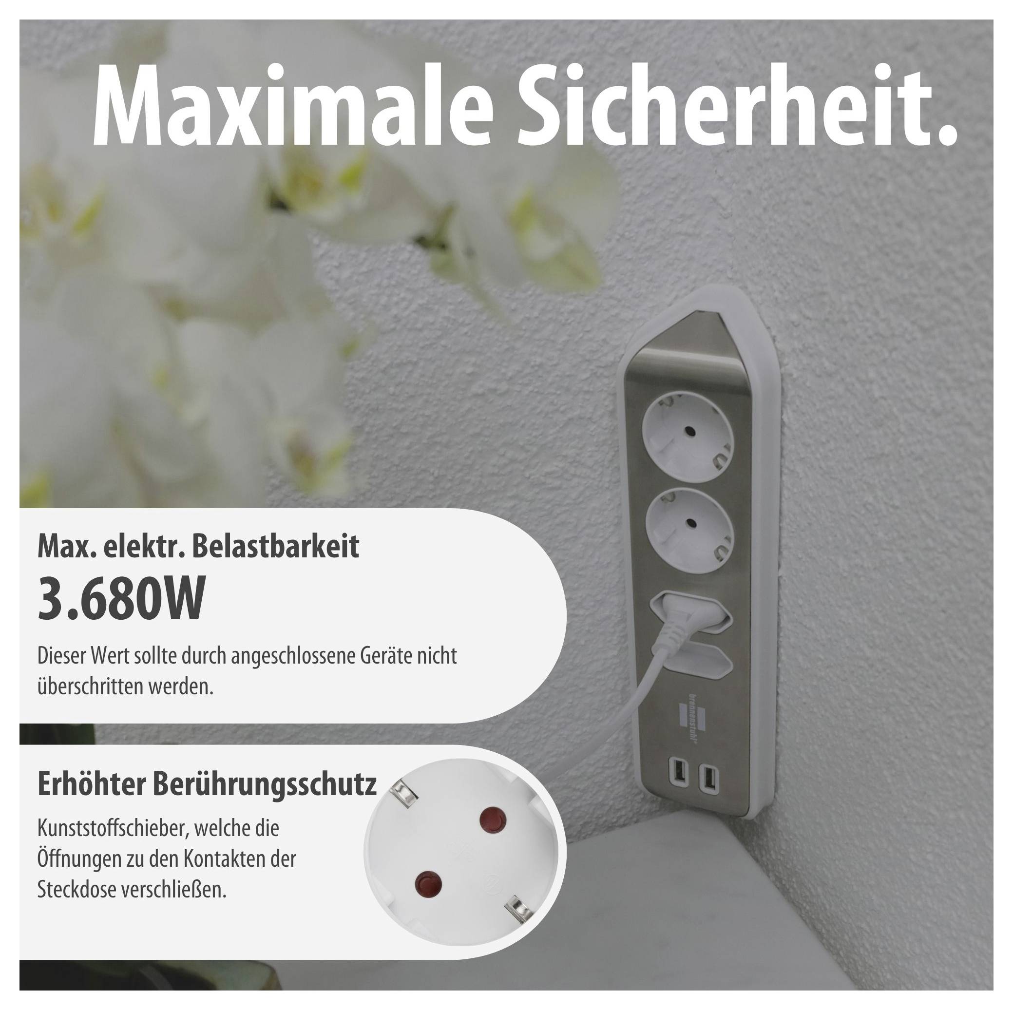 Werbeanzeige für eine Steckdosenleiste an der Wand mit Text 'Maximale Sicherheit', Belastbarkeit 3.680 W und Hinweis auf erhöhten Berührungsschutz.