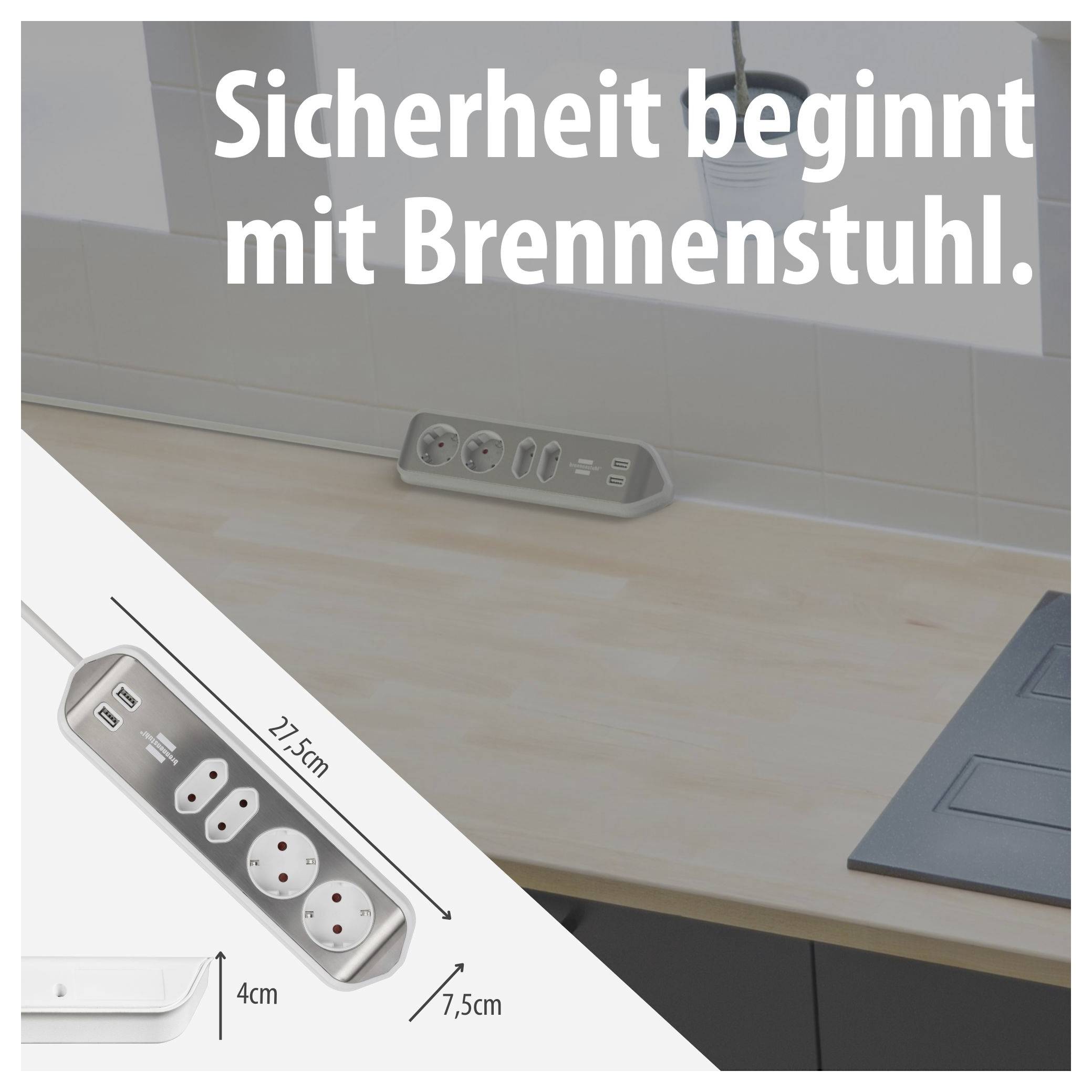 Werbebild für eine Brennenstuhl-Steckdosenleiste mit dem Slogan 'Sicherheit beginnt mit Brennenstuhl.'; gezeigt sind Maße: 27,5 cm Länge, 4 cm Höhe, 7,5 cm Breite.
