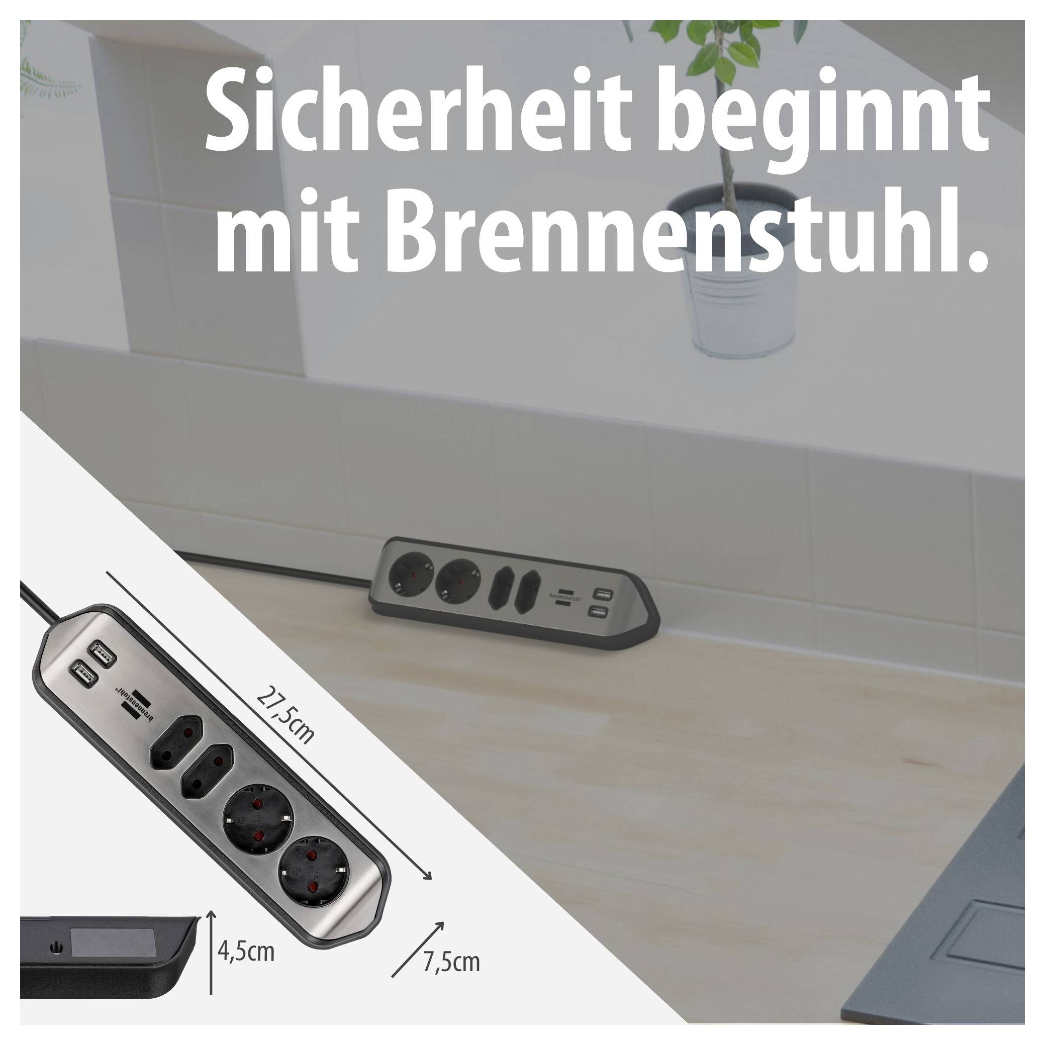 Werbung für eine Brennenstuhl-Steckdosenleiste: Text 'Sicherheit beginnt mit Brennenstuhl.' und Produktabbildung mit Maßen 27,5 cm, 7,5 cm und 4,5 cm.