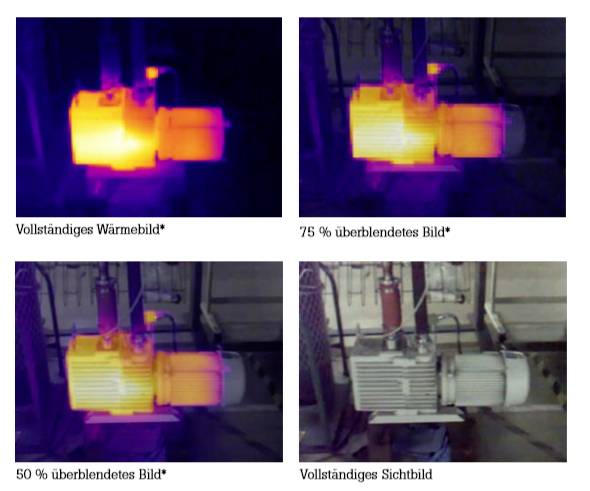 Vier Bilder zeigen ein elektrisches Gerät aus verschiedenen Perspektiven und mit unterschiedlichen Wärmebildüberlagerungen.