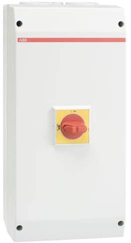 Elektrischer Schaltschrank mit rotem Notaus-Schalter. Der Schrank ist weiß und rechteckig.