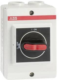 Ein rechteckiger elektrischer Schalter mit rotem Hebel auf schwarzem Hintergrund. Schalterpositionen: 'ON' (oben), 'OFF' (unten).