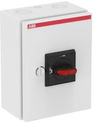 Ein weißes elektrisches Gehäuse mit rotem und schwarzem Schalter an der Vorderseite. Das Logo 'ABB' ist oben links zu sehen.