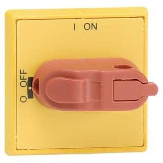 Ein gelber Wippschalter mit roter Abdeckung in der Position 'Off' (aus). Oben steht 'On' (ein), unten links 'Off' (aus).