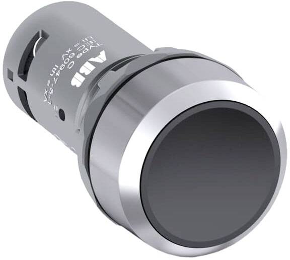 Schwarz-silberner runder Druckknopf mit Metallring auf grauem Gehäuse. Verwendet für industrielle Steuerungen.