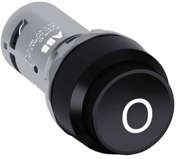 Schwarzer Rundschalter mit der Aufschrift 'O' für aus, geeignet für elektrische Geräte. Angezeigt in einer schrägen Seitenansicht.