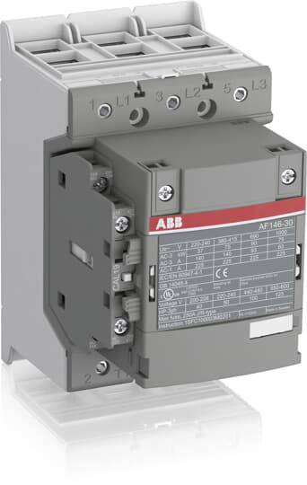 Ein elektrisches Schütz von ABB mit drei oberen und drei unteren Anschlüssen, Modell AF146-30, mit technischen Spezifikationen auf der Vorderseite.