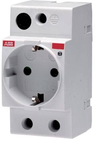 Eine weiße Unterputzsteckdose mit Schutzkontakt und rotem Markenzeichen auf der Oberseite, geeignet für den Einbau in Sicherungskästen.