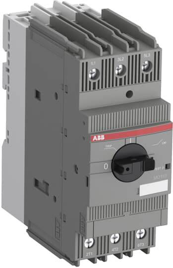 Ein grauer Schalter mit roten Akzenten und einem Drehknopf, auf dem 'ABB' steht, möglicherweise ein Leistungsschalter in einem elektrischen System.