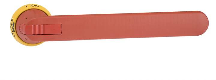 Ein roter Hebel, der von 'OFF' zu 'ON' geschaltet werden kann. Der Schalter ist rund mit gelbem Rand und befindet sich links vom Hebel.