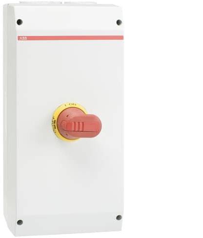 Ein weißes Gehäuse mit einem roten Not-Aus-Schalter in der Mitte, um elektrische Geräte im Notfall schnell abzuschalten.