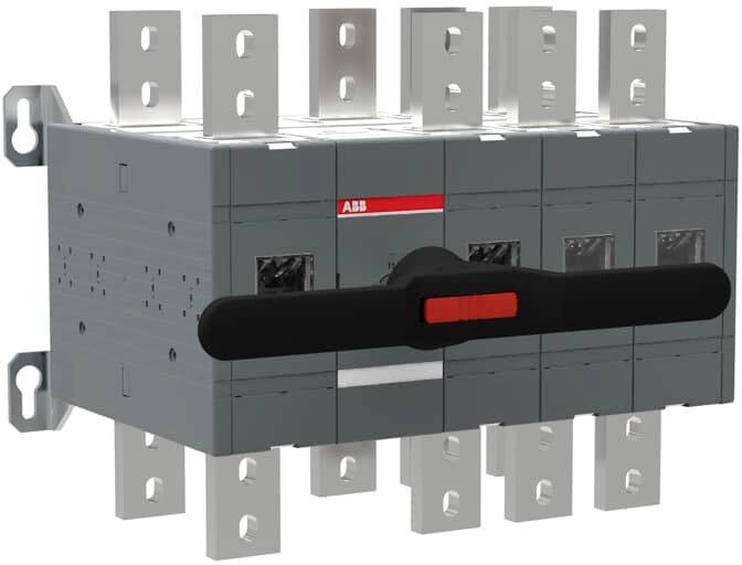 Ein elektrischer Lasttrennschalter mit mehreren Anschlüssen und einer rot-schwarzen Griffsteuerung zur Trennung von Stromkreisen.