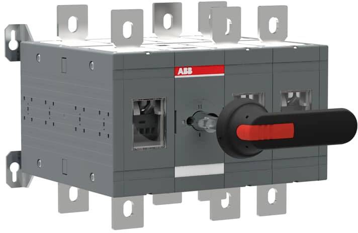 Industrieschalter von ABB mit schwarzem, rotem Hebel für Stromkreisunterbrechung. Wandmontage, sechs Anschlüsse sichtbar.