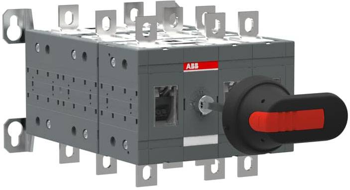 Ein elektrischer Schalter mit rotem und schwarzem Hebel, montiert an einem grauen Gehäuse mit mehreren Metallanschlüssen an der Oberseite.