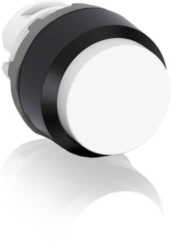 Ein runder, schwarzer Druckknopf mit weißer Oberfläche, verwendet zur Steuerung oder Bedienung von Geräten.