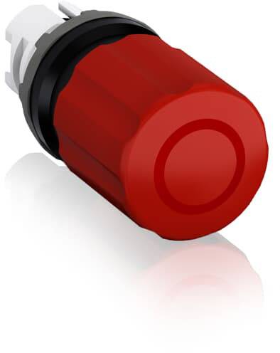 Großer roter Knopf, zylindrisch, mit kreisförmigem Muster, genutzt als Not-Aus-Schalter in Maschinen oder Notfallsystemen.