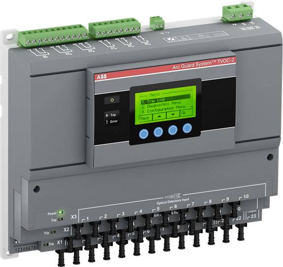 Steuergerät eines Arc Guard Systems mit digitalem Display und mehreren Anschlüssen. Anzeige zeigt Menüoptionen zur Konfiguration.