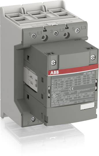 Ein grauer Schütz der Marke ABB, Modell AF146-30. Geeignet zur Steuerung von Elektromotoren, mit Anschlüssen für L1, L2, L3.