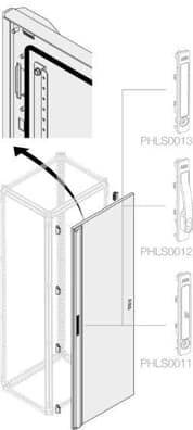 Diagramm zeigt Montageanleitung für Tür an einem Schrank. Schritte: Tür an Gelenken einhängen, mit Schrauben PHLS0011, PHLS0012, PHLS0013 sichern.