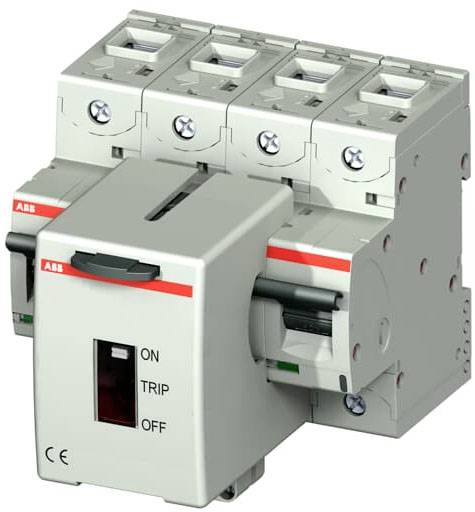 Abgebildet ist ein vierpoliger Sicherungsautomat mit Schalterpositionen: 'ON', 'TRIP', 'OFF'. Gerätetyp erkennbar durch rote Markierung.