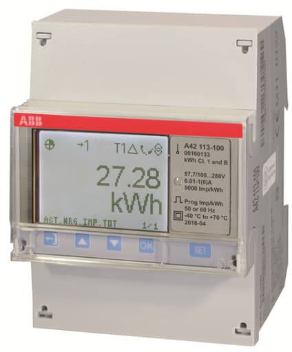 Ein digitaler Stromzähler zeigt 27,28 kWh an. Oben auf dem Display sind verschiedene Symbole und Messparameter sichtbar.