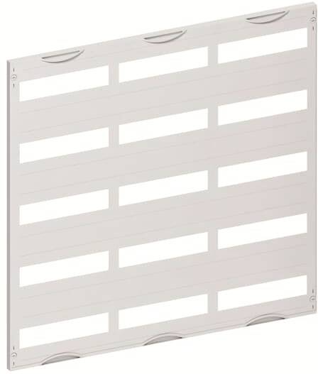 Ein weißes Gitter mit mehreren horizontalen Schlitzen und abgerundeten Ecken, möglicherweise ein Belüftungselement oder eine Abdeckung.