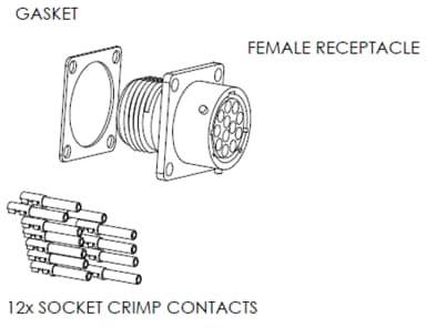 Darstellung eines female receptacle Steckverbinders, umfasst 12 Buchsenkrimpkontakte und eine Dichtung, in einer Explosionszeichnung.