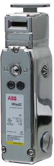 Metallschalter von ABB, Modell MKey 8Z, mit mehreren Befestigungspunkten und angebrachter Sicherheitsetikettierung.