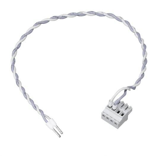 Ein grau-weiß gedrehtes Paar Kabel mit einem weißen Steckverbinder am Ende, das häufig in elektronischen Geräten verwendet wird.