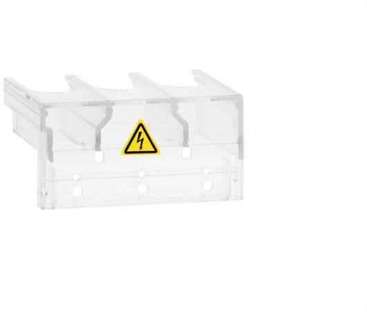 Transparente Schutzabdeckung mit Warnsymbol für Stromgefahr, gelbes Dreieck mit schwarzem Blitz.