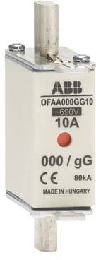 Sicherung von ABB, Typ OFAA000GG10, 690V, 10A, 80kA. Hergestellt in Ungarn, CE-Zertifizierung.