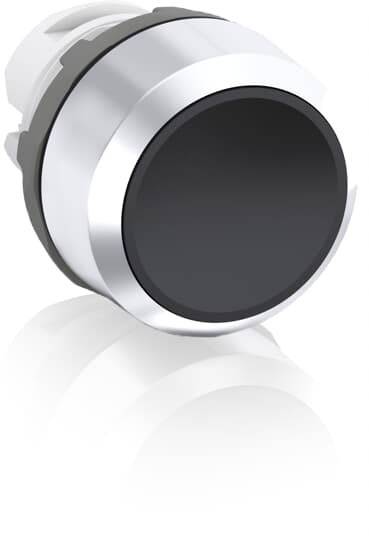 Ein runder, silberner Druckknopf mit glänzender Oberfläche. Theoretisch geeignet für elektrische Bedienelemente.