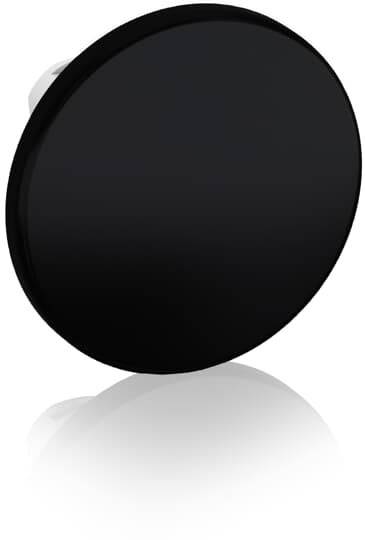 Schwarze kreisförmige Scheibe mit reflektierender Oberfläche vor weißem Hintergrund.