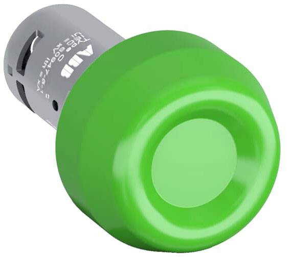 Ein großer, leuchtend grüner Knopf an einem grauen Zylinder. Möglicherweise Teil eines Steuerungspanels oder einer Maschine.