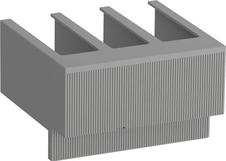Graues, rechteckiges Kunstobjekt mit drei vertikalen Aussparungen und Rippenmuster an der Vorderseite.