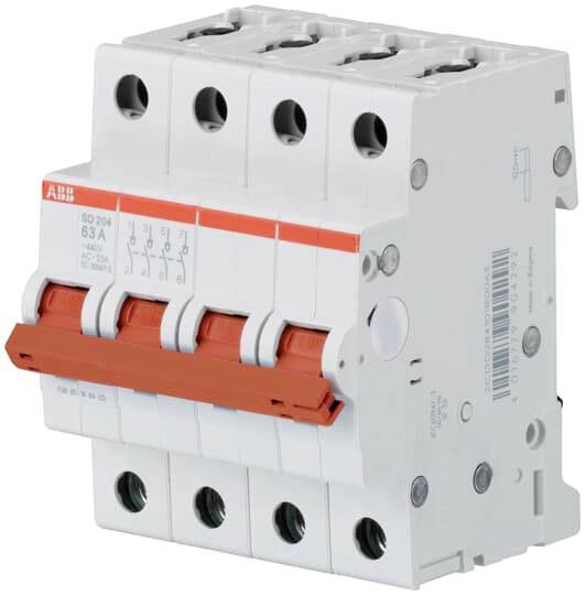 Ein grauer, dreipoliger Sicherungsautomat mit rotem Kippschalter, verwendet zum Schutz von elektrischen Stromkreisen vor Überlast.
