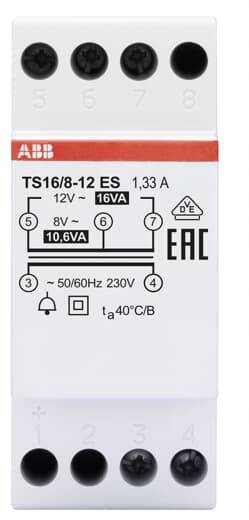 ABB Relais TS16/8-12 ES, 1,33 A, 12V, 16VA. Anschlussdiagramm mit 8V und 10,6VA Markierungen. 230V, 50/60Hz, tA 40°C/B.