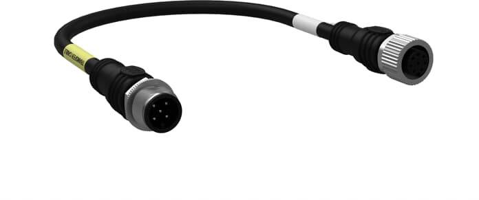 Ein schwarzes, flexibles Kabel mit Metallsteckern an beiden Enden, acht Pins auf einer Seite, sechs Pins auf der anderen Seite, vor weißem Hintergrund.
