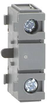 Ein grauer elektrischer Klemmenblock mit zwei Schraubklemmen, übereinander angeordnet.