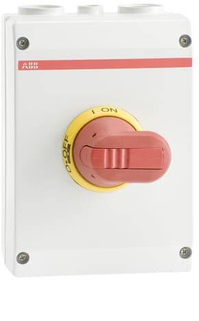 Ein roter Hauptschalter auf einem weißen Gehäuse mit gelber Basis, zeigt 'ON' und 'OFF'. Der Schalter steht auf 'OFF'.