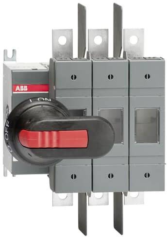 Grau-rote elektrische Schalteinheit mit großem Hebel, auf 'ON' und 'OFF' einstellbar, montiert auf einer Metallplatte.