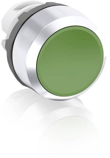 Runder grüner Druckknopf in silbernem Gehäuse, reflektiert auf der Oberfläche darunter. Geeignet zur Bedienung von Maschinen oder Geräten.