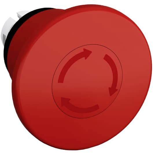 Roter Not-Aus-Schalter mit nach links weisenden Pfeilen, zeigt an, dass er zur Notabschaltung von Maschinen durch Drehen verwendet wird.