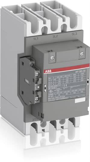 'ABB AF190-30 Schütz' in grau, drei-polig, mit Betätigungsschalter, geeignet für industrielle elektrische Schaltvorgänge.